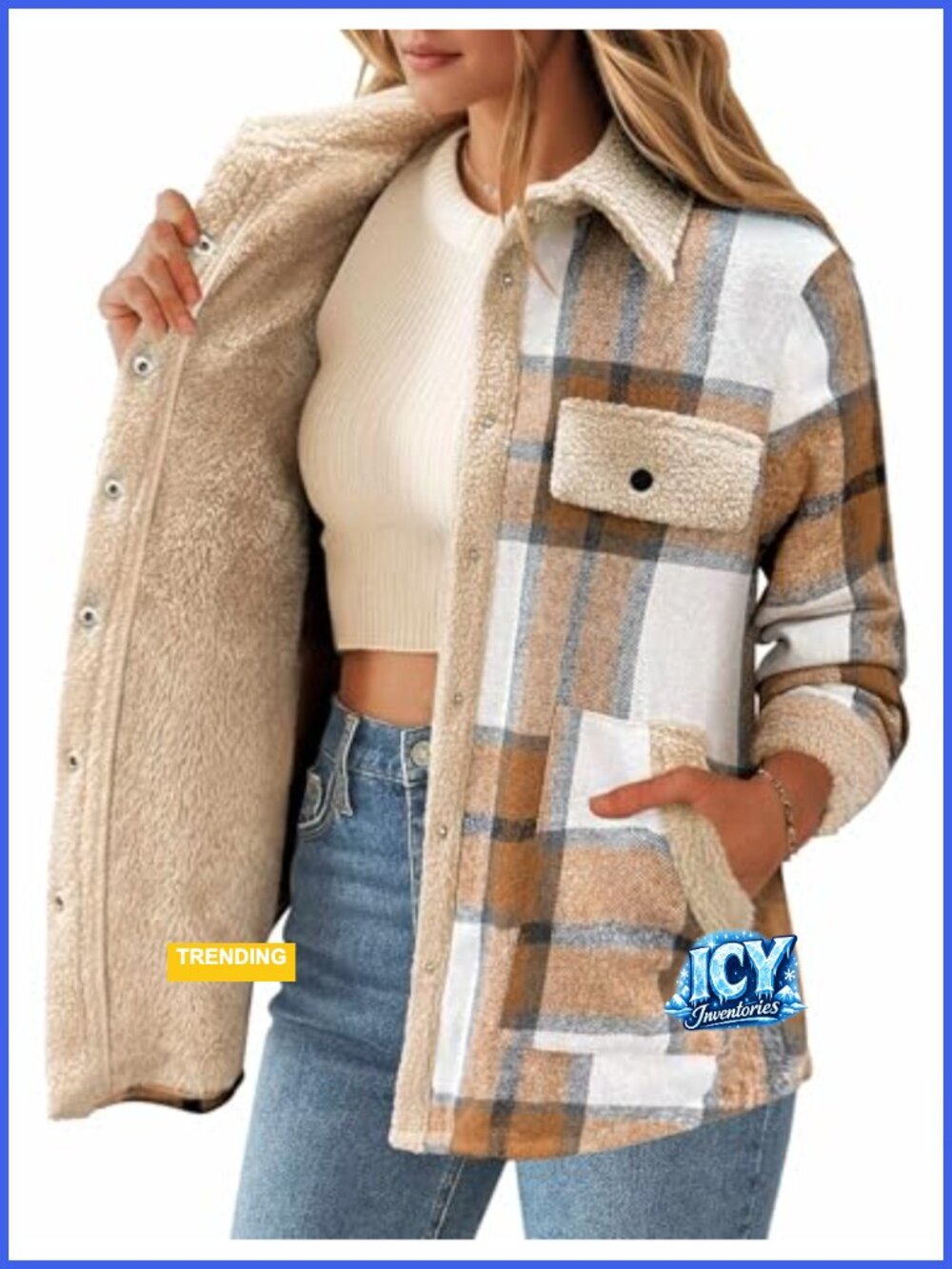 Fleece Lined Plaid Shacket Snap Button Sherpa Jacket Loose Fit